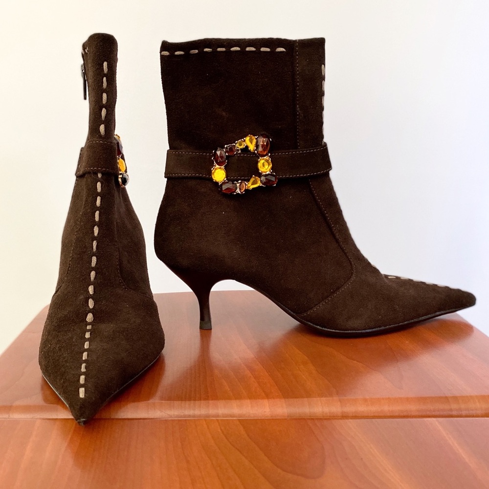 Italian Suede Brown Boots with Rhinestone Buckles Size 36